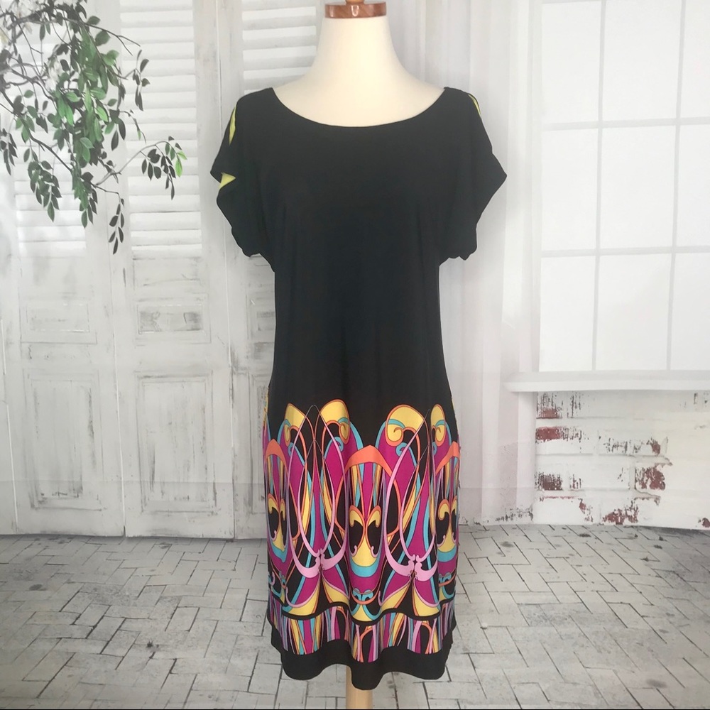 Robbie Bee 6 Shift Dress Black Vibrant Stretch Jersey Spit Sleeve Mod Cutout EUC